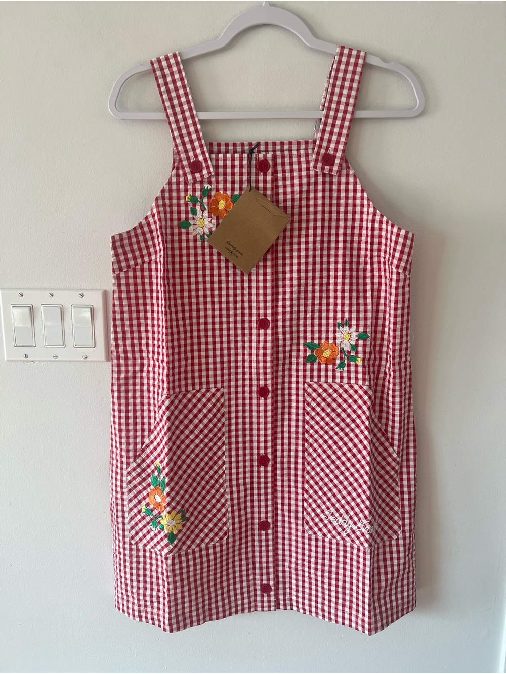 Teddy Fresh Red Little Miss Gingham Overalls Dress Plaid Women’s Small S